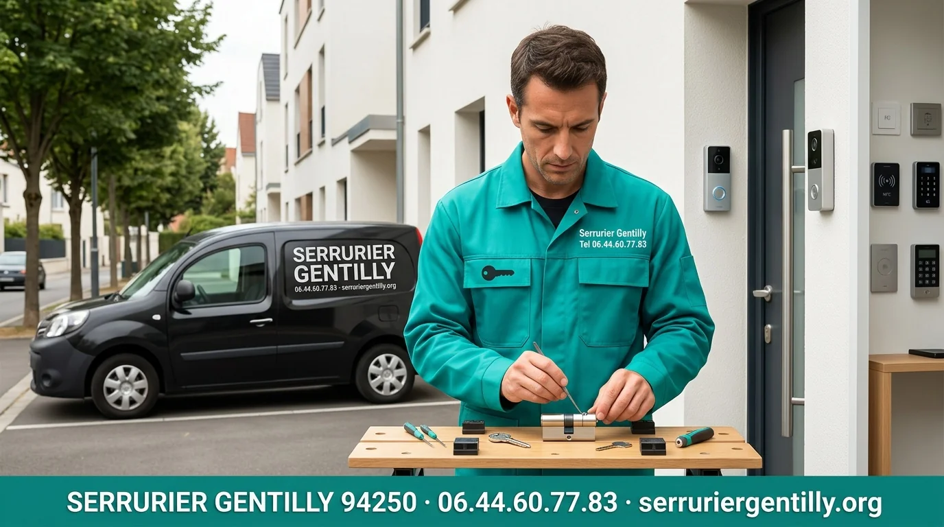 Serrurier Gentilly 94250 en intervention avec bannière coordonnées